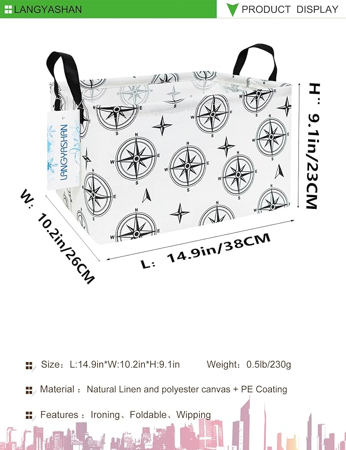 LANGYASHAN Rectangular Storage Bin Collapse Canvas Fabric Cartoon Storage Basket with Handles for Organizing Home Kitchen Boys and Girls Toys Office Closet Shelf Baskets (Rec Black Compass)-Ruum Studio Home