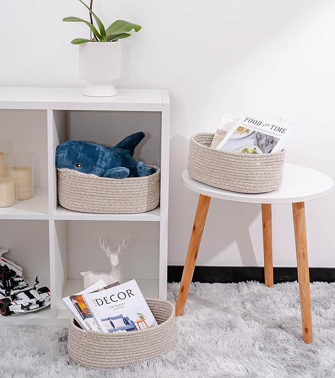 Cute Shelf Basket to Store and Organize Household Items/Baskets&Bins for Daily Storage &Organizing/Woven Rope Basket for Living Room, Playroom/Small Oval-13x8.66x5.11’’,3 Packs Light Brown-Ruum Studio Home