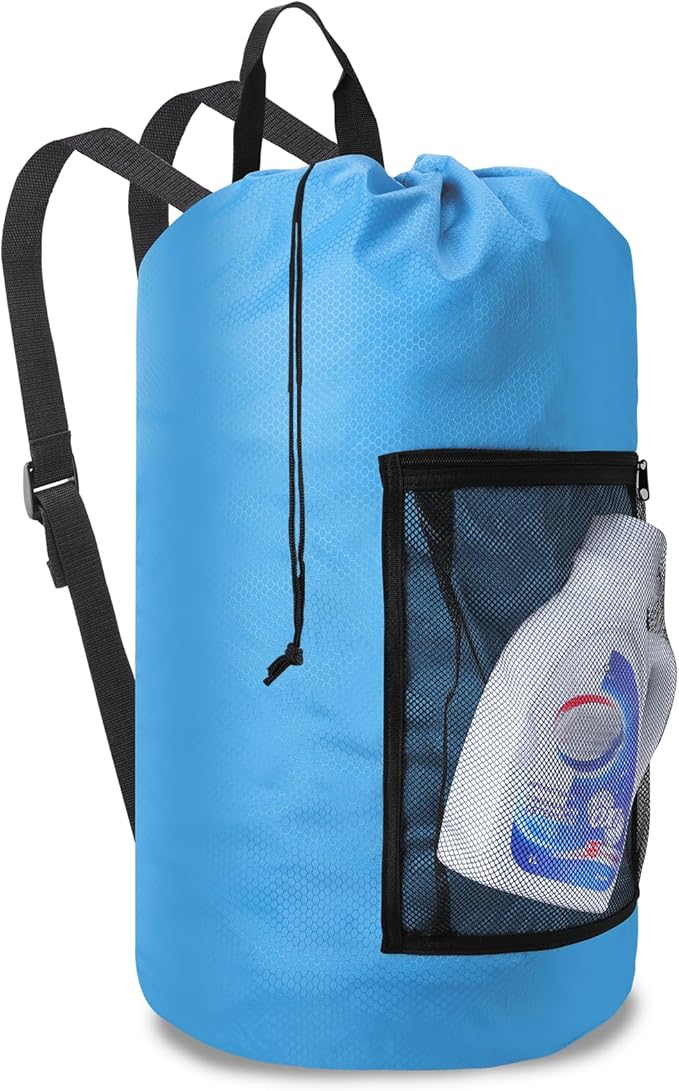 Femuar Laundry Bag Backpack Durable Laundry Bag with Shoulder Straps and Mesh Pockets Portable Laundry Dirty Clothes Hamper Bag for College Dorm (Blue)-Ruum Studio Home