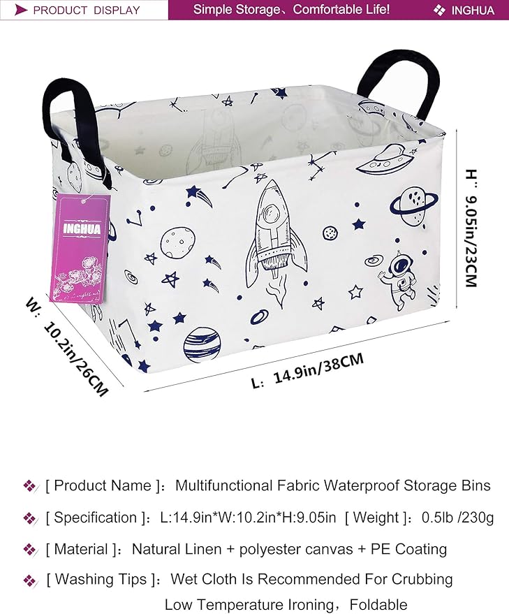 Rectangular Storage Basket Fabric Organizer Bin for Toys,Books,Clothes,Gifts,Pets-Perfect for Home,Office,Nursery,Dorm,Shelf(Rec Spaceships)-Ruum Studio Home