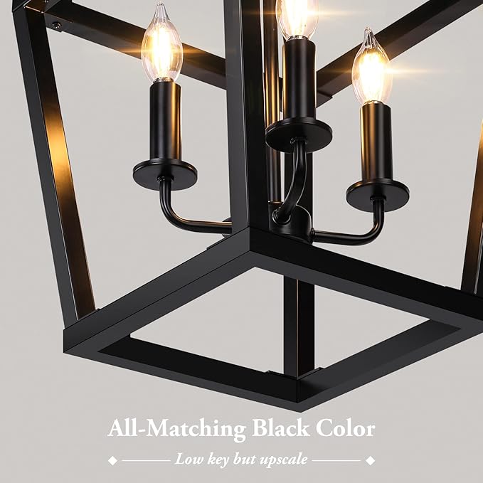 BrightHome Farmhouse Chandelier 4-Light, Black Pendant Light Fixture Ceiling Hanging for Kitchen Island Dining Room, Lantern Industrial Lighting with Metal Cage Adjustable Height for Entryway Foyer-Ruum Studio Home