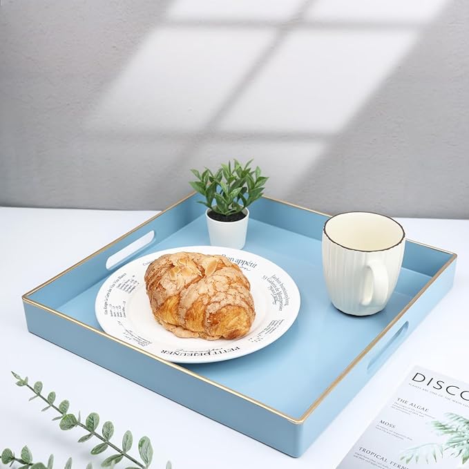 Spsyrine Light Blue Decorative Tray for Living Room, Square Modern Plastic Coffee Serving Table Tray for Ottoman Bathroom Kitchen, 13"*13".-Ruum Studio Home