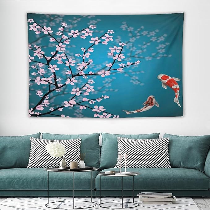 Houselerax Japanese Koi Fish Tapestry, Cherry Blossoms Asian Oriental Green Teal Flower Branch Koi Fish Carp Tapestries Wall Hanging for Bedroom Living Room Office Decor 90"x60"-Ruum Studio Home