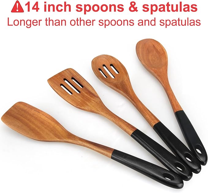 14 Inch Large Wooden Spoons for Cooking Utensils Set Acacia Wood Spatula Slotted Spoon Best Non Toxic Kitchen Utensil Long Mixing Spoon Spatulas Turner Stirring Serving Spoons Kitchen Use Tools-Ruum Studio Home