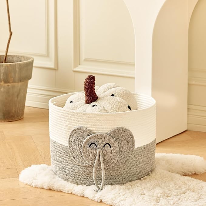 Large Baby Cute Storage Basket for Organizing -Elephant White & Grey 15""x15""x11"", 2024282319065-Ruum Studio Home