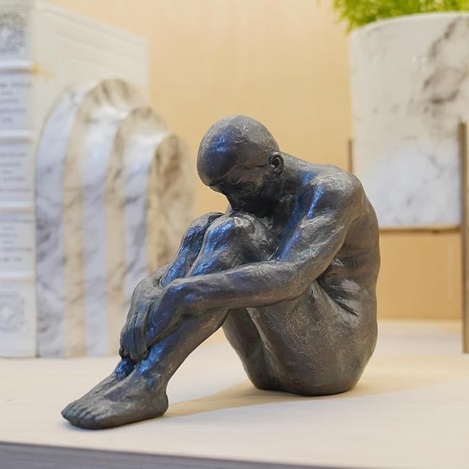 Guichifun Sitting Man Sculptures Home Decor - Resin Bronze Male Holding Arms Legs Lonely Statues Decorative Objects Outdoor Gift for Men 7.5 x 3.7 x 5.8 Inch-Ruum Studio Home