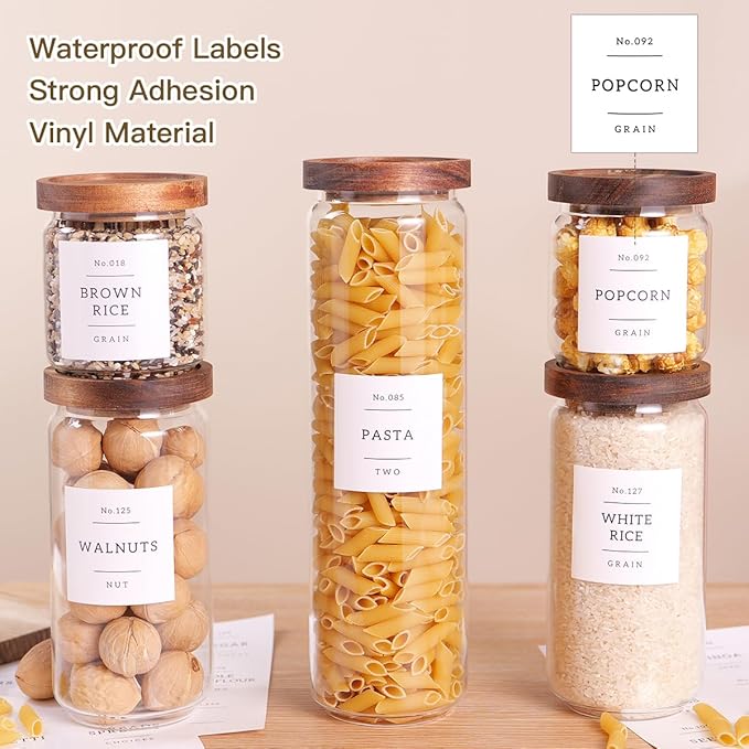 5 Set Glass Pantry Storage Jars with Acacia Airtight Lid - Thicken Glass Kitchen Canisters with 132 Pantry Labels - Clear Glass Food Storage Containers with Wood Lid for Tea,Sugar,Candy,Cookie,Pasta-Ruum Studio Home