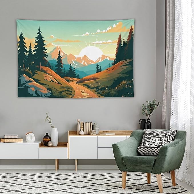 HZOHNAGO Mountain Tapestry Forest Mountain Sunrise Road Pattern Printed Wall Tapestry Wall Hanging for Bedroom Living Room Dorm 90" W x 60" H-Ruum Studio Home