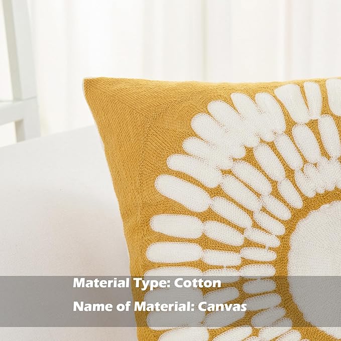 HWY 50 Mustard Yellow Decorative Throw Pillow Covers 18x18 Inch (1 Piece), Embroidered Cotton Modern Farmhouse Cushion Cover Pillow Case for Sofa Couch Living Room Bed, Sunflower-Ruum Studio Home