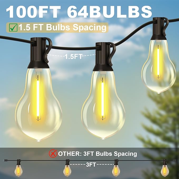 100FT Outdoor String Lights Waterproof with 64+4 Bulbs (1.5FT Bulbs Spacing), Remote & Dimmer, Commercial Patio String Lights with 3 Mode Light & Timing, 100PC Mounting Ties for Outside-Ruum Studio Home