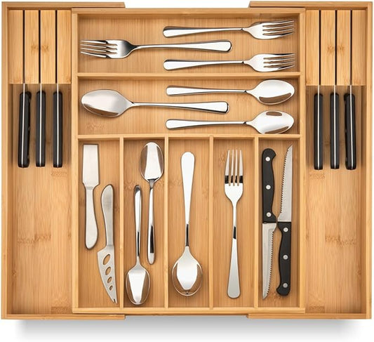 Bamboo Drawer Organizer with Knife Blocks - Silverware Organizer & Utensil Drawer Organizer, Cutlery Tray with Dividers, 7-9 Slots- Premium Kitchen Organizer for Utensils & Flatware (Natural)-Ruum Studio Home