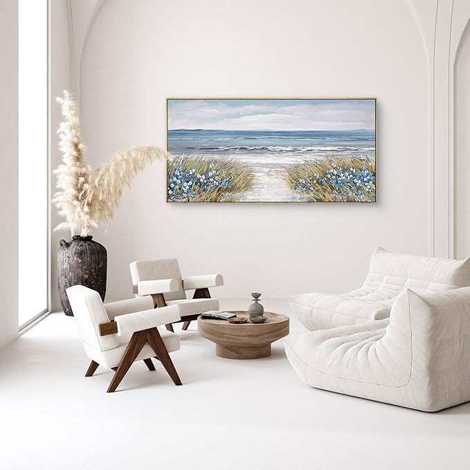 XLSJERST Framed Wall Art for Bedroom Decor - Farmhouse Boho Beach Coastal Vintage Floral Ocean Wall Picture Daisy Flowers Sea Canvas Print Nautical Neutral Seascape Artwork for Home Living Room-Ruum Studio Home