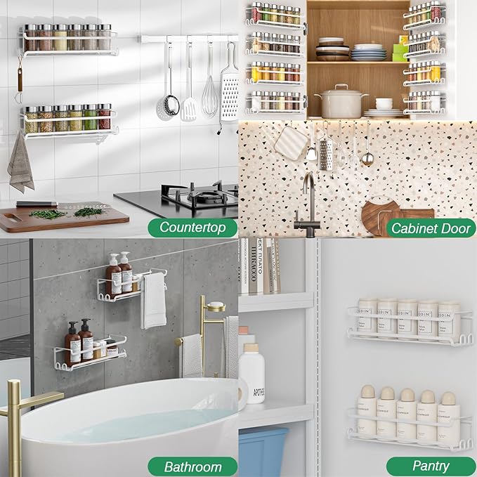 LUCYCAZ 8 Pack Wall Mounted Spice Rack with 16 Hooks, Spice Organizer Shelf for Stove Cabinet Pantry Door,Screw or Adhesive Spice Shelf Hanging Wall Spice Rack in Kitchen and RV (White, 8 PACK)-Ruum Studio Home