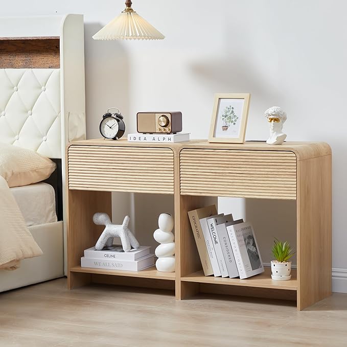 Fluted Nightstand Set of 2 with Charging Station, Modern Bed Side Table End Table with Drawer Storage, Large Wooden Night Stands Bedside for Bedroom Living Room Sofa Office, Natural 2 Sets-Ruum Studio Home