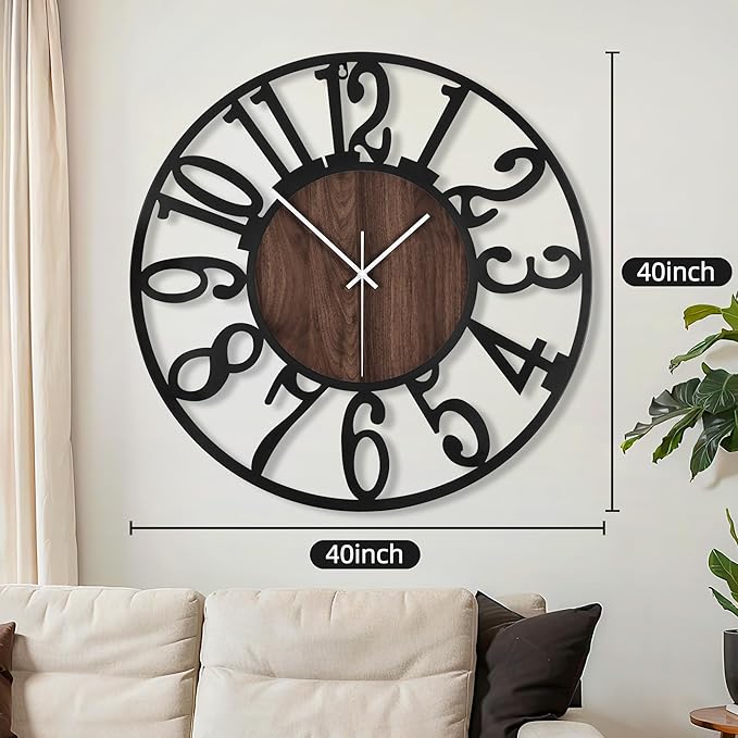 Maxstar Large Round Wall Clock for Living Room Decor Battery Operated Non Ticking Black Metal Wood Clocks for Home Living Room Garden Office Kitchen Decoration -40inch-Ruum Studio Home