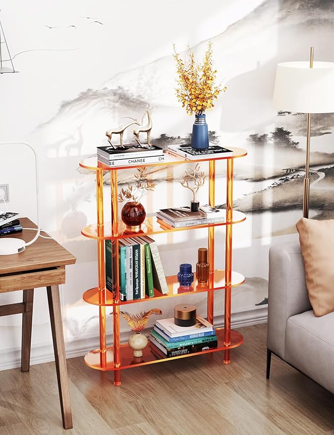 Clear Bookshelf, Acrylic Bookcase with Open Book Shelf for Office Living Room Bedroom (4 Tier Orange)-Ruum Studio Home