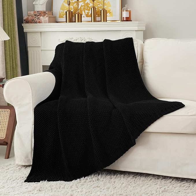 Longhui bedding Chunky Cable Knit Throw Blanket Lightweight Black 100% Organic Cotton Blanket for Sofa Couch Bed Baby Nursery, Rustic Shabby Chic Modern Farmhouse, 60” x 80” Give Laundering Bag-Ruum Studio Home