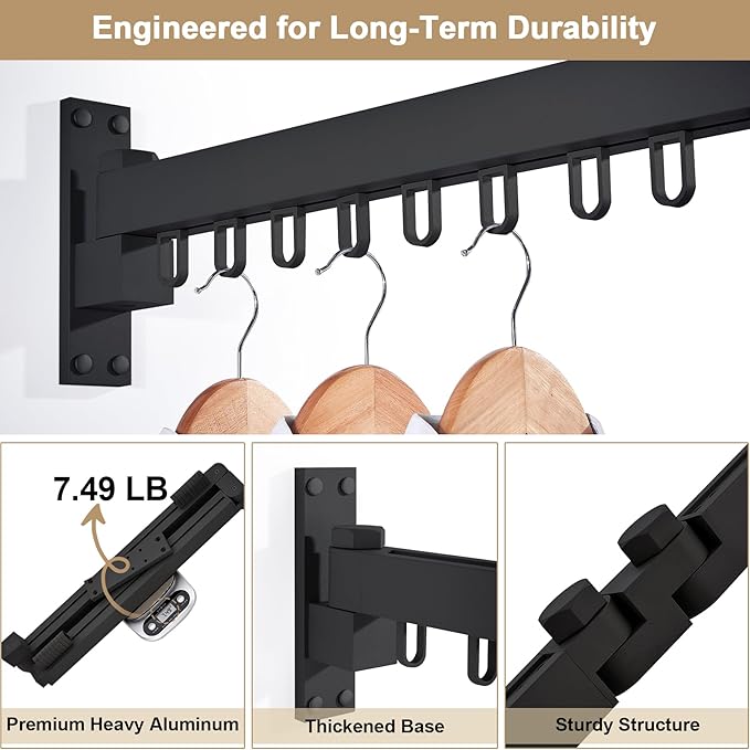 Bakala Clothes Drying Rack Foldable, Laundry Drying Rack Clothing Wall Mounted, Clothing Racks for Hanging Clothes, Heavy-duty Space Saving Hanger,Retractable,Expandable,Collapsible, 64" (Hooks,Black)-Ruum Studio Home