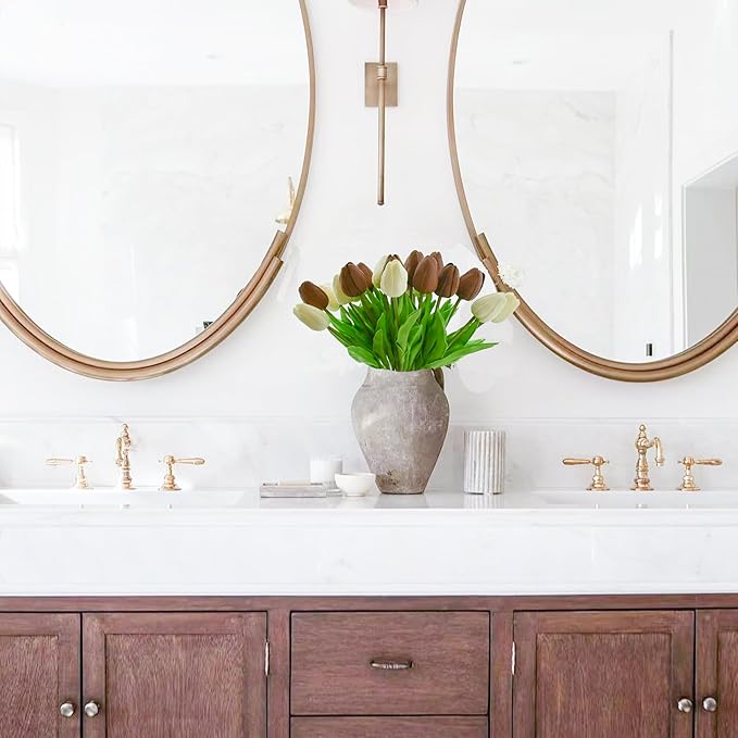 Mandy's Artificial Tulips 20 Stems White and Brown PU Faux Flowers for Wedding Home Decor 13.5 Inch-Ruum Studio Home