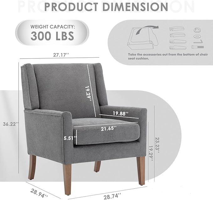 COLAMY Modern Wingback Living Room Chair, Upholstered Fabric Accent Armchair, Single Sofa Chair with Lounge Seat and Wood Legs for Bedroom/Office/Reading Spaces, Gery-Ruum Studio Home