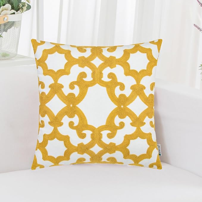 HWY 50 Mustard Yellow Decorative Throw Pillow Covers 18x18 Inch (1 Piece), Embroidered Cotton Farmhouse Cushion Cover Pillow Case for Sofa Couch Living Room Bed, Geometric-Ruum Studio Home
