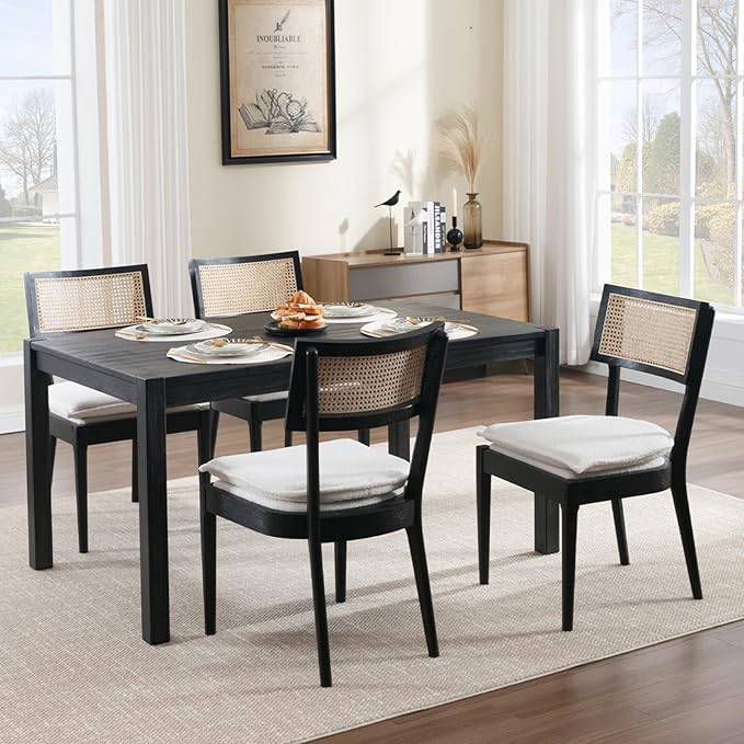 Rattan Dining Chairs Set Of 4 , Mid Century Modern Black Wooden Cane Back Chairs with Removable Sherpa Cushion , Retro Farmhouse Upholstered Kitchen & Dining Room Chairs for Restaurant Living Room-Ruum Studio Home