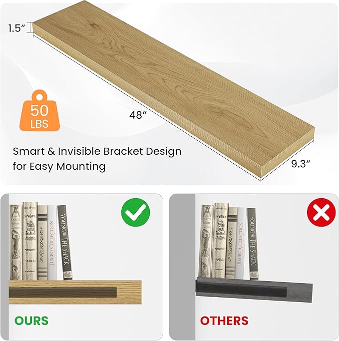 Floating Shelves for Wall, 48" W x 9.3" D x 1.5" H, Wooden Wall Mounted Display Shelves with Invisible Brackets for Living Room, Bedroom, Bathroom, Kitchen Decor and Storage, Set of 1, Oak-Ruum Studio Home