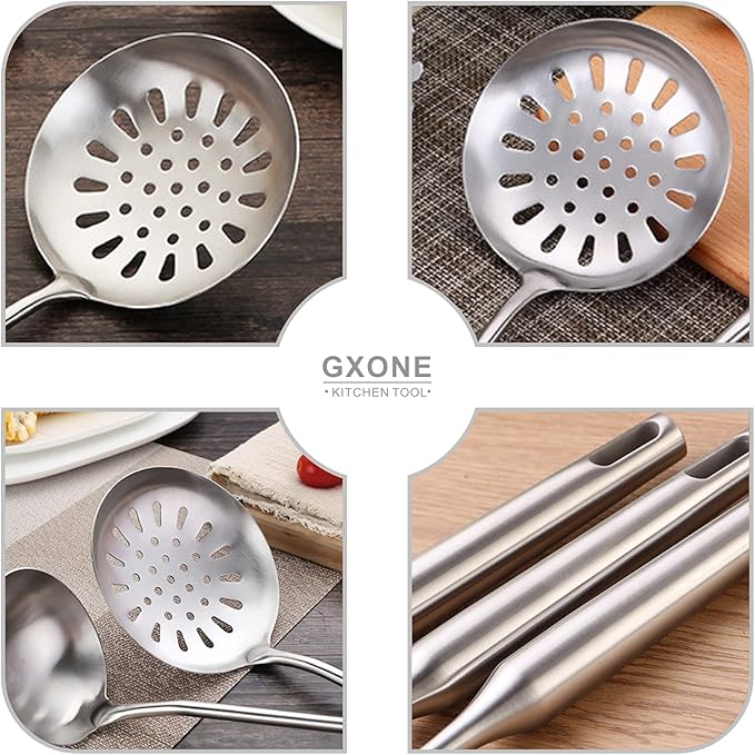 Skimmer Slotted Spoon,304 Stainless Steel Slotted Spoon, Handle Mesh Food Strainer Stainless Steel Colander with Hollow Handle Heat Resistant Cooking Tool,Silver/15.1Inch-Ruum Studio Home