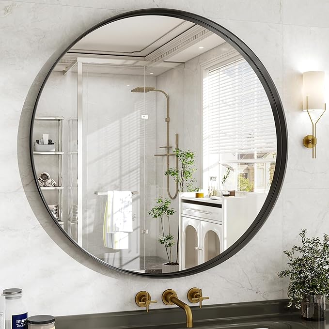 48 Inch Round Bathroom Mirror - Wall Mounted Circle Mirror with Metal Frame, Modern Mirror Suitable for Bathroom, Vanity, Entryway, Living Room, Wall Decor,Black-Ruum Studio Home