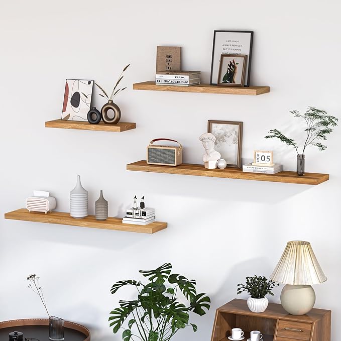 Fun Memories Floating Shelves for Wall, 48"x9.3" Rustic Solid Elm Wood Shelves, Heavy-Duty Wall Mounted Shelves with Invisible Brackets for Living Room, Bedroom, Kitchen, Natural Finish-Ruum Studio Home