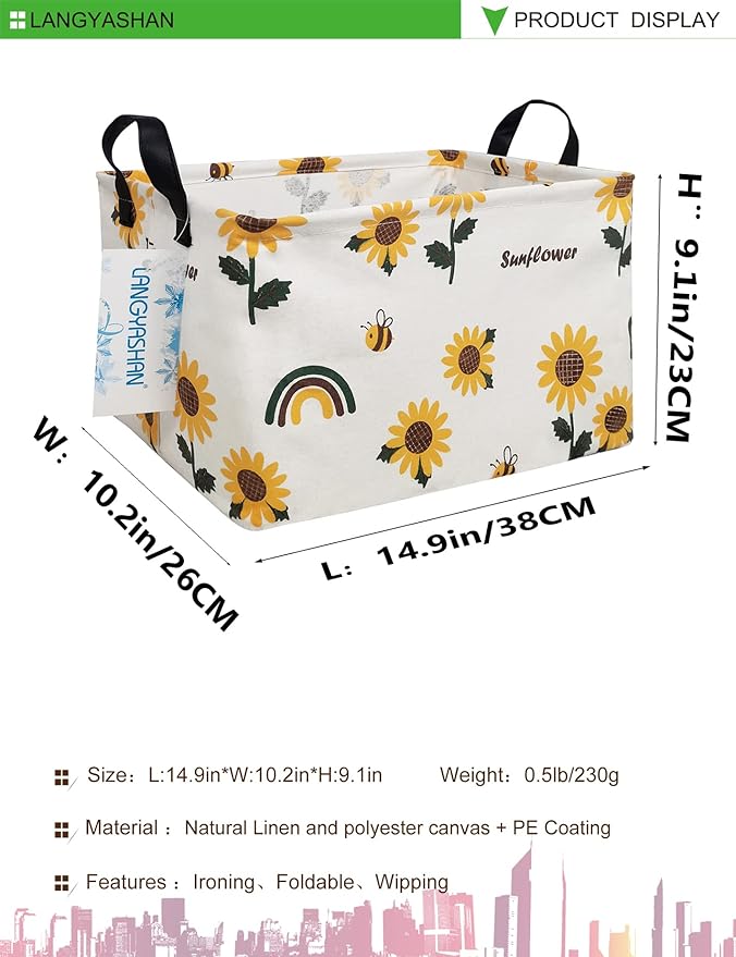 LANGYASHAN Rectangular Storage Bin Collapse Canvas Fabric Cartoon Storage Basket with Handles for Organizing Home Kitchen Boys and Girls Toys Office Closet Shelf Baskets(Rec Sunflower)-Ruum Studio Home