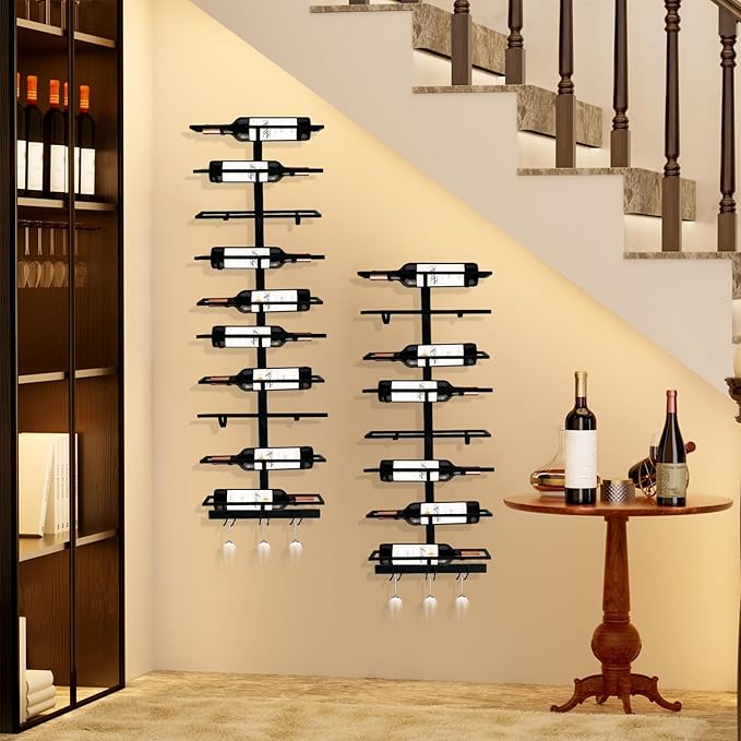 8 Bottle Wall Mount Wine Rack with Wine Glass Holder, Metal Wine Wall Rack, Wall Racks for Wine Bottles Display and Storage, Hanging Bottle Organizer for Living Dining Room Wine Cellar Bar (Black）-Ruum Studio Home