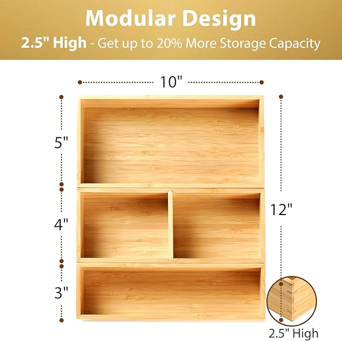 Umilife Drawer Organizer Storage Boxes, 2.5" High Bamboo Drawer Dividers, 3 Rearrangeable Bins for Kitchen, Office Desktop, Clothing, Makeup, vanity, Jewelry-Ruum Studio Home