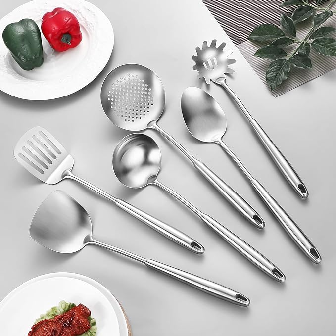 304 Stainless Steel Cooking Utensils,6 Pcs Kitchen Cooking Utensils Set with Spatula, Solid Spoon, Ladle, Skimmer, Spaghetti Spoon,Dishwasher Safe-Ruum Studio Home