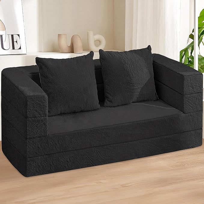Folding Bean Bag Chair for Adults,3-in-1 Bean Bag Couch Faux Fur Floor Sofa Large Beanbag Convertible Bean Bag Sofa Bed with Pillow in Bedroom,Living Room,Apartment(Queen,Black)-Ruum Studio Home
