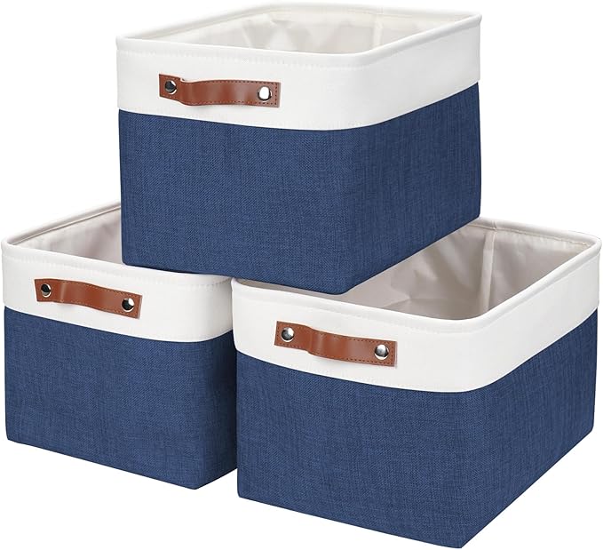 Storage Bins Large Fabric Storage Baskets for Shelves 3 Pack, Decorative Linen Closet Baskets with Handles for Organizing, Shelf, Clothes, Home, Office, 15x11x9.5Inches (NavyBlue&White)-Ruum Studio Home