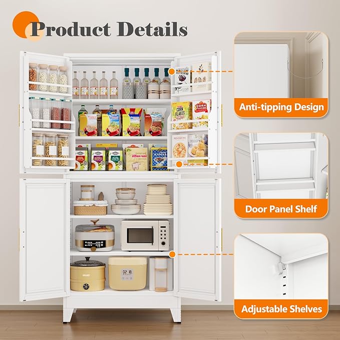 74.8" Tall Metal Food Cabinet, White Kitchen Pantry Cabinet, Storage Cabinets with 4 Door and 4 Adjustable Shelves, Steel Freestanding Cupboard for Kitchen Dining Room Living Room Bathroom-Ruum Studio Home