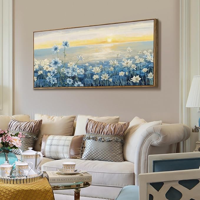 Large Framed Wall Art for Living Room Bedroom Office Decor, Modern Beach Canvas Wall Art Coastal Ocean Nature Blue Artwork Floral Sunrise/Sunset Zen Landscape Flower Wall Picture 48x24“-Ruum Studio Home