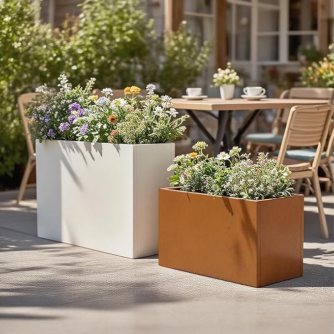 Galvanized Steel Metallic Heavy Planter for Outdoor Plants Metal Outdoor Planter Spliced Flower Box with Partitions for Outside,Indoor,Garden (White, 30 * 12 * 24)-Ruum Studio Home