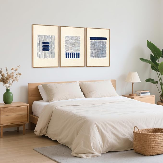 Aurlan Boho Christian Line Art Framed Wall Decor(16"x24"), 3PCS Minimalist Jesus Leavs the 99 Sheep Lamb Bible Story Canvas Artwork, Neutral Abstract Beige Navy Blue Religious Painting for Bedroom Living Room-Ruum Studio Home
