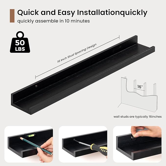 Picture Ledge Shelf, Solid Pine Wood Floating Shelves Set of 2, 24 Inches Nursery Book Shelves for Toys Storage, Kids Bookshelf Wall Mounted for Living Room Bedroom Decor Books Photo Frames, Black-Ruum Studio Home