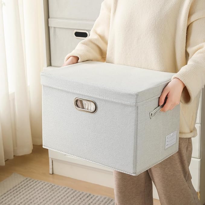 PRANDOM Collapsible Storage Bin with Lid [3-Pack] Fabric Foldable Storage Box Organizer Container Basket Cube with Cover for Home Bedroom Closet Office Beige(15.3x10x9.7)-Ruum Studio Home