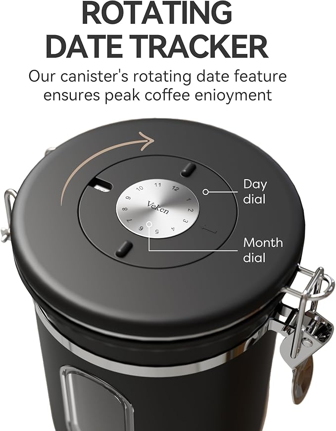 Veken Coffee Canister with Window, Airtight Stainless Steel Kitchen Food Storage Container with Date Tracker and Scoop for Grounds Coffee, Beans, Tea, Flour, Cereal, Sugar, 22&16OZ,Black-Ruum Studio Home