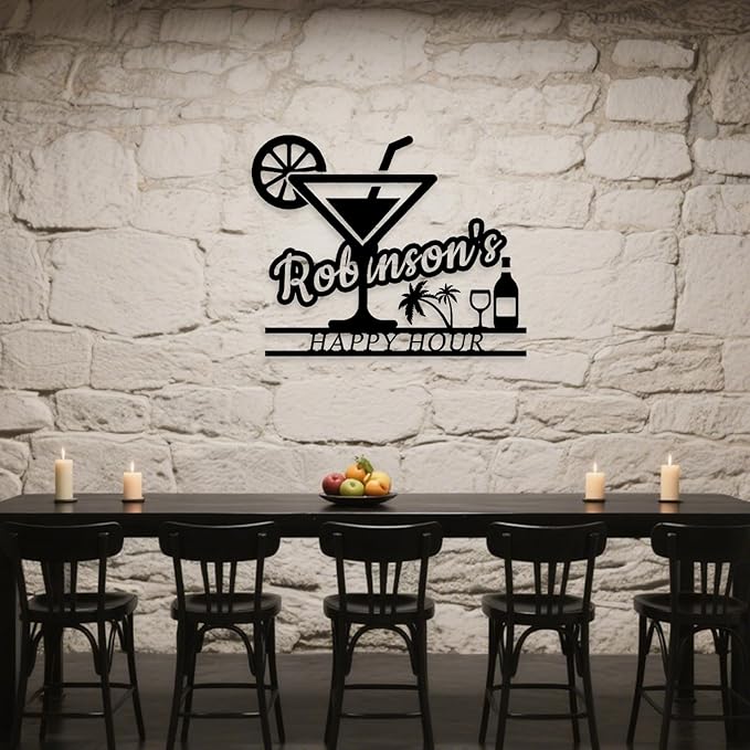 Happy Hour Metal Bar Sign - Personalized Wine Wall Art, Rustic Home Bar Decor, Custom Cocktail & Wine Themed Metal Signs for Indoor/Outdoor - MADE IN USA-Ruum Studio Home