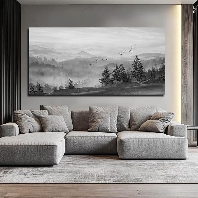 SOUGUAN Grey Wall Decor Foggy Mountain Wall Art Tree and Bird Pictures Artwork for Walls Living Room for Bedroom Kitchen Dining Room Home Office 30x60 Inch-Ruum Studio Home