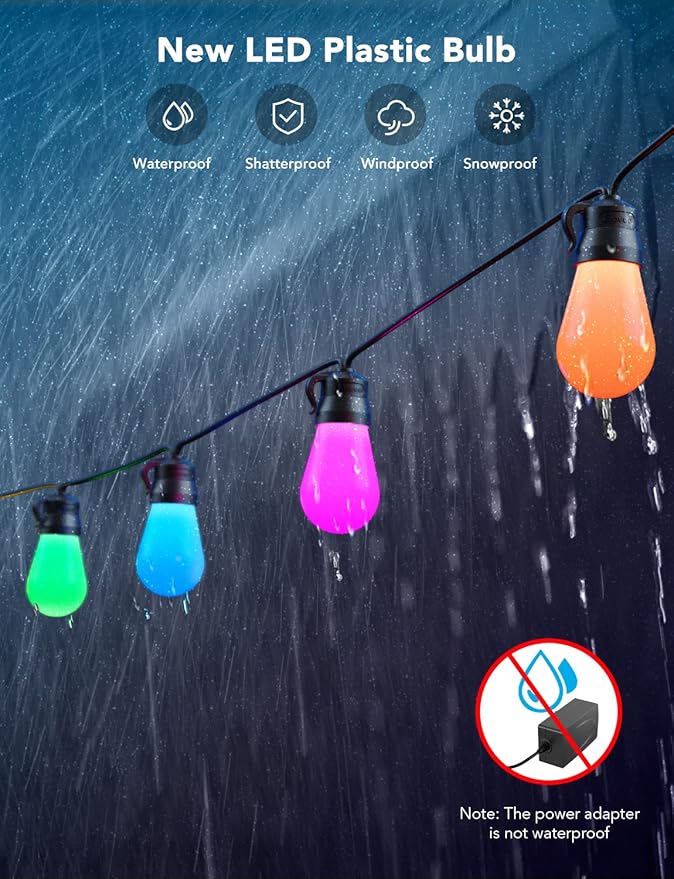 Govee Smart Outdoor String Lights H7029, 24ft RGBIC Outdoor Lights with 8 Dimmable LED Bulbs, IP65 Waterproof, Color Changing Warm White Lights with 47 Scene Modes for Patio, Backyard, App Control-Ruum Studio Home