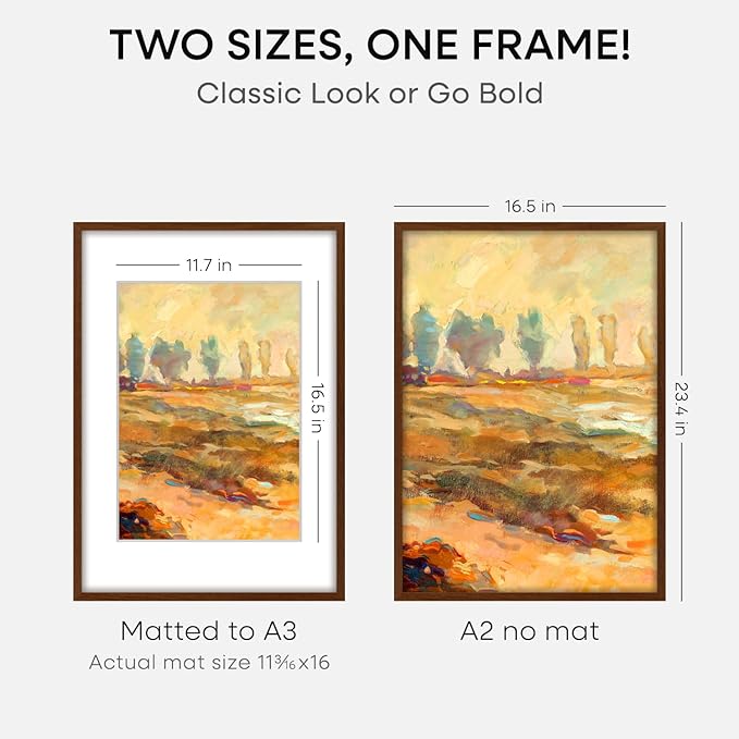 Homeforia A2 Picture Frame Brown, High End Dark Oak 16.5 x 23.4 Wooden Poster Frame Matted to 11.7 x 16.5 Photo, A2 Walnut Wood Frame with Mat A3, 16.5 x 23.5 Frame, Tempered Glass, Wall Kit, Set of 1-Ruum Studio Home