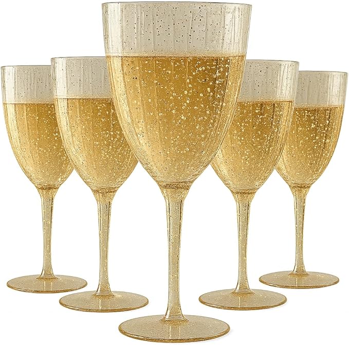 Oojami Elegant Plastic Champagne Flutes - 32 PCS, 7.8oz Disposable & Reusable Wine Glasses - Perfect for Home, Parties, Weddings, Birthdays & Celebrations (32, Gold Glitter)-Ruum Studio Home