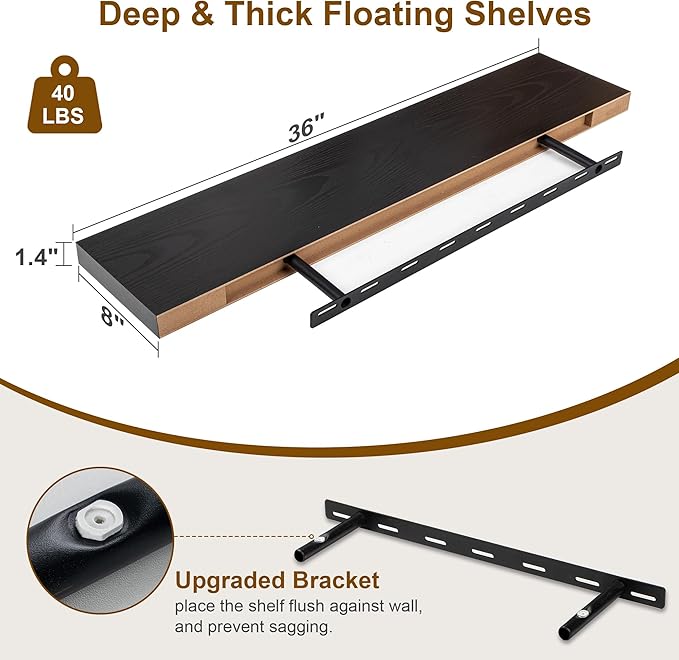 Fun Memories Black Floating Shelves 36 Inch Long, 8 Inch Deep Floating Shelf for Wall, 36" W x 8" D Wall Shelves Set of 2, Black Deep Floating Shelves for Bedroom, Living Room, Kitchen-Ruum Studio Home