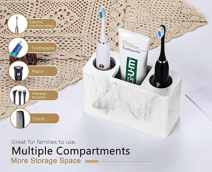 Luxspire Toothbrush Holder, 3 Slots Electric Toothbrush and Toothpaste Holder, Bathroom Countertop Storage Bathroom Accessories Toothbrush Stand for Vanity Counter Organizer Caddy - Gravel White-Ruum Studio Home